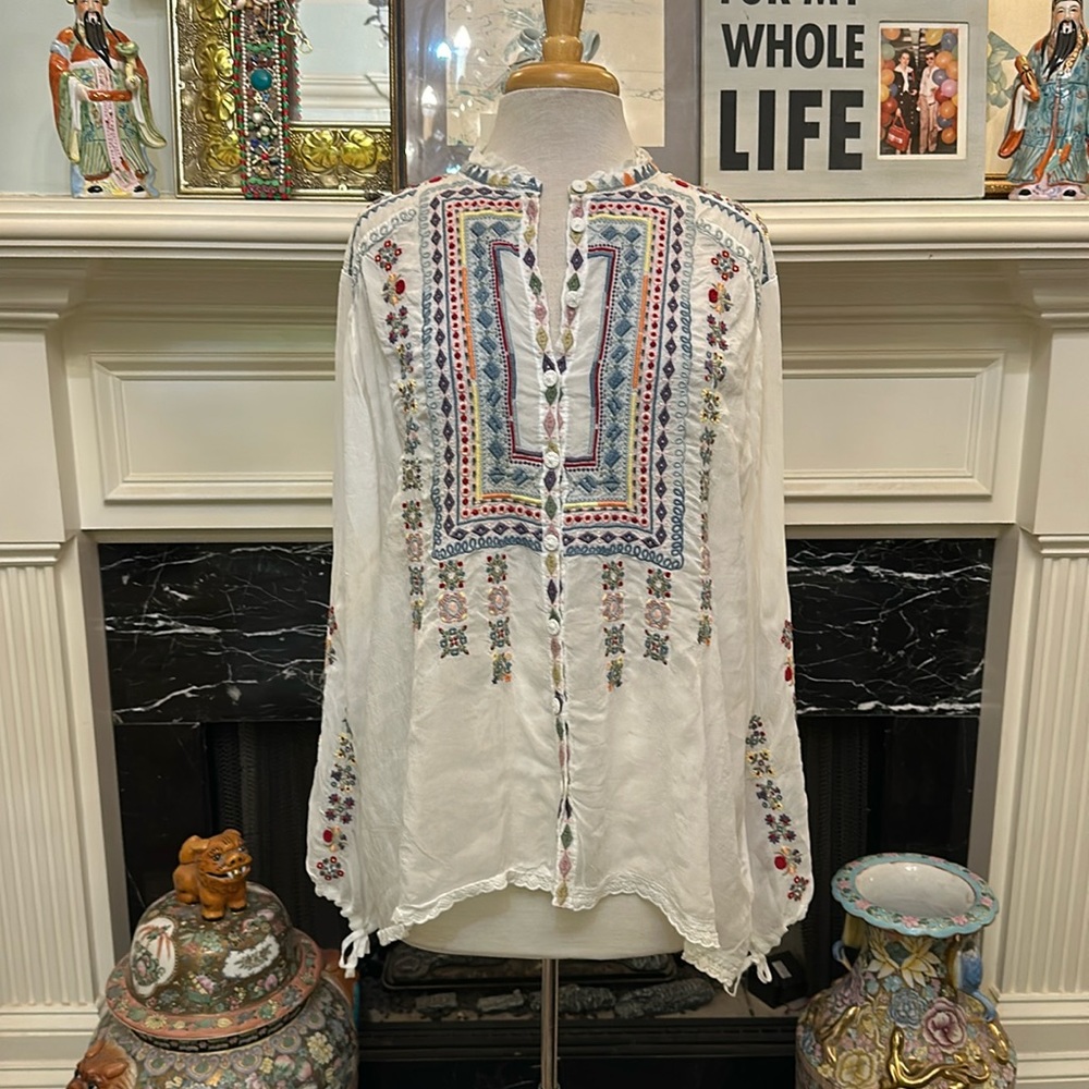 NWT “Johnny Was” embroidered sheer blouse